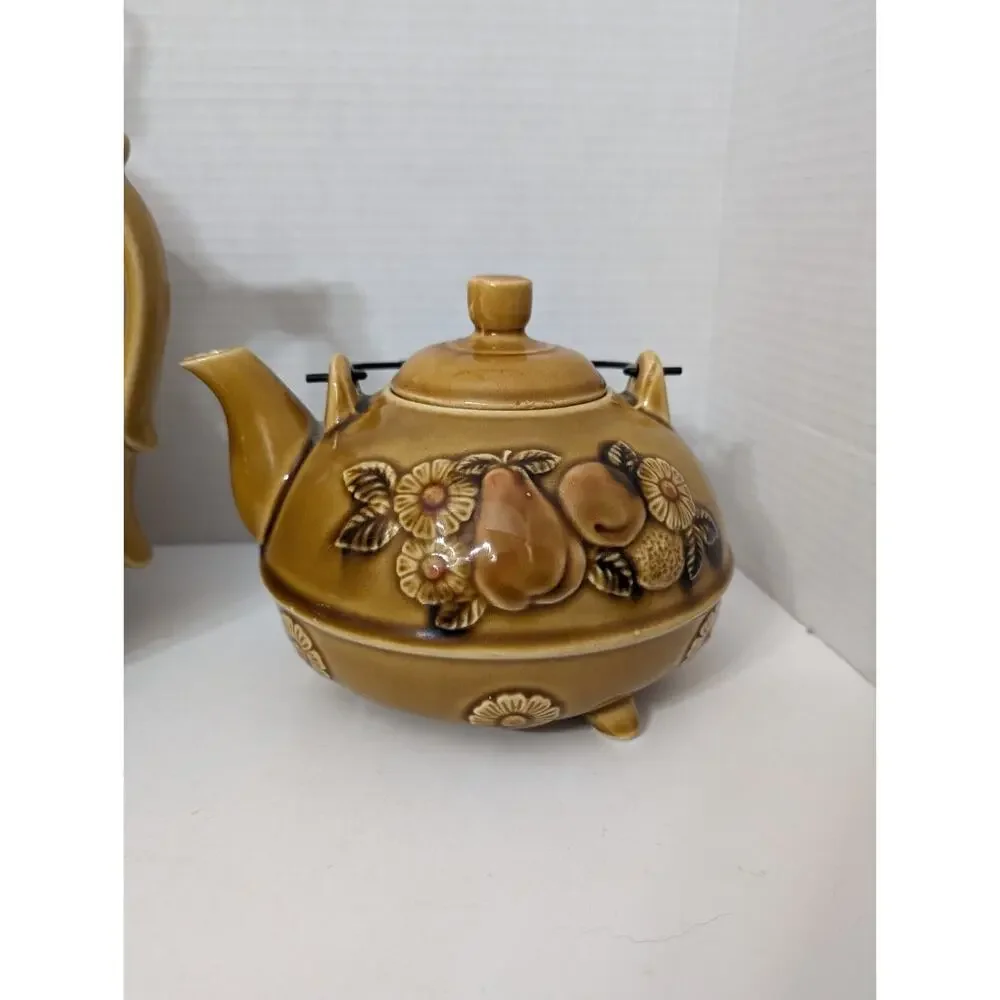 VINTAGE 1950s APCO JAPAN MCM LARGE AND SMALL TEAPOT Tan Ceramic